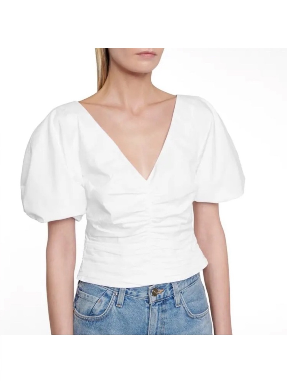 Staud White Fiona Cotton Poplin Top, Size M/8